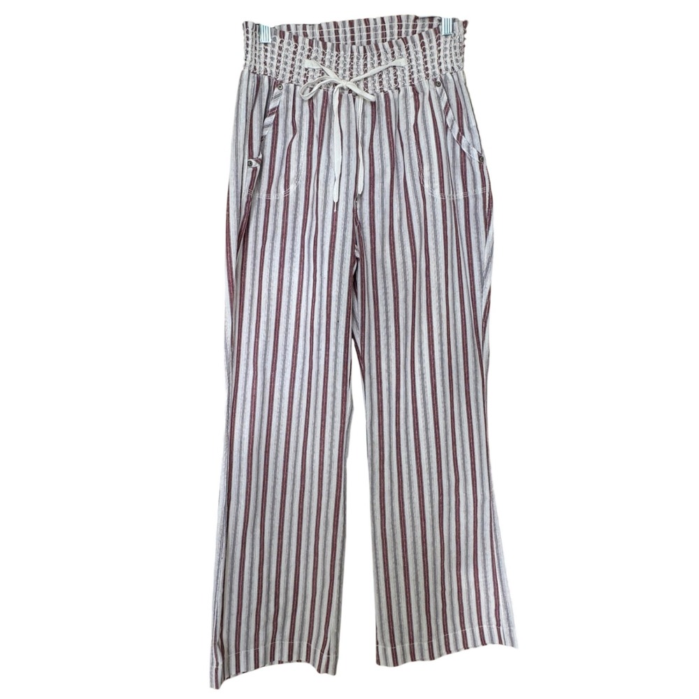 Linen Wide Leg Striped Pants Large Smocked Waist Coastal Nautical Beachy Summer
